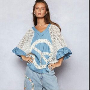 NEW -POL Blue and White Ruffle Crochet Patchwork Bell Sleeve Top